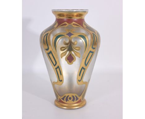 French Art Nouveau Frosted Glass Vase with Enamel and Gold Overlay, Excellent Condition no Chips or Cracks, Height: 11 in. 