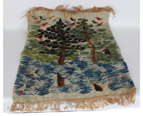 "Two Trees" Tapestry, done by a child in Giza. Senovhi Dealer label. Size: 29 x 28 in.