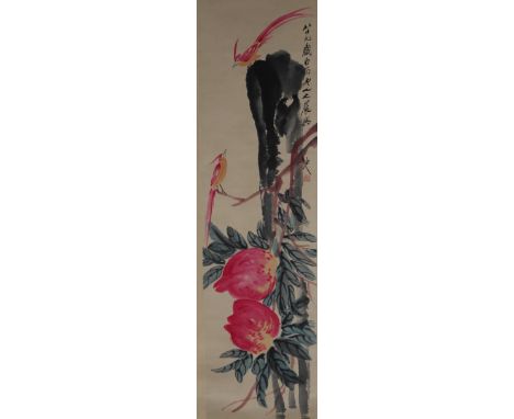 Chinese School Watercolor/Ink Scroll Painting. Titled "Long Live" Calligraphy inscription upper right, signed with artist sea