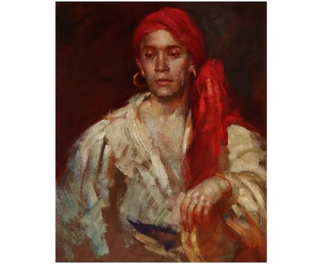 Walter Simpson Parke (American, 1909 - 1994) "Gypsy Dancer" - 1934 The portrait of a man in red headdress, earrings, and bill