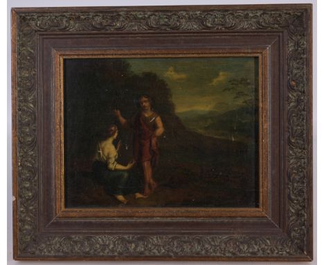 17th C. Old Master School, Figures in a Landscape. Oil on panel. Appears to be unsigned, has not been examined out of the fra