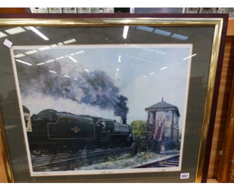 AFTER L S IVATT A LIMITED EDITION PENCIL SIGNED COLOUR PRINT OF A VINTAGE TRAIN 43 x 52 cms TOGETHER WITH A FRAMED MAP (2)