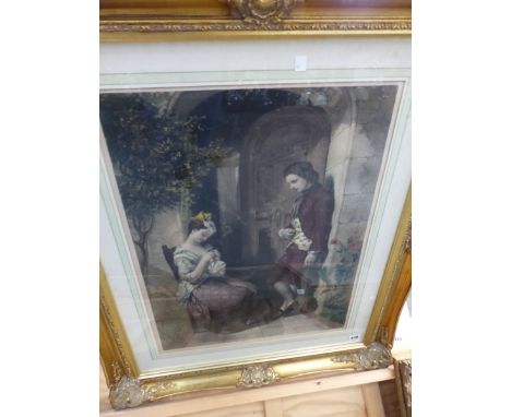 A VINTAGE HAND COLOURED PRINT OF A COURTING COUPLE SWEPT GILT FRAME 63 x 48cms.