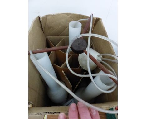 A THREE LIGHT CHANDELIER WITH MILK GLASS TWO STEP CYLINDRICAL SHADES
