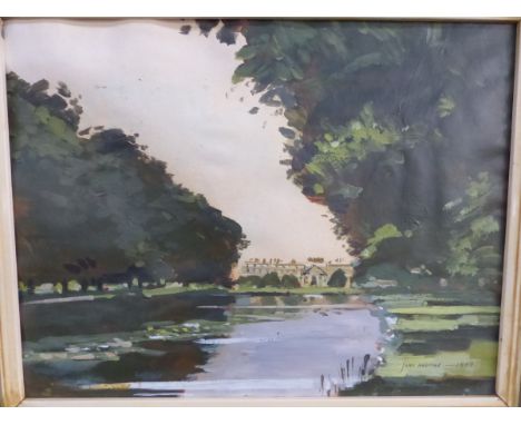 JOHN G HASKINS ENGLISH 20th CENTURY "HAMPTON COURT" GOUACHE 20 x 27cms TOGETHER WITH A 19th CENTURY WATERCOLOUR PORTRAIT AFTE