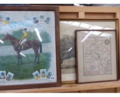 TWO VINTAGE PICTURES RELATING TO HORSE RACING TOGETHER WITH A NEEDLEWORK MAP OF OXFORDSHIRE (3)