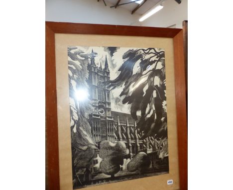 A 20th C. SCHOOL, A BLACK AND WHITE SCENE OF A CATHEDRAL 68 x 50cms, TOGETHER WITH A VINTAGE COLOUR  CERTIFICATE FOR THE HEAR