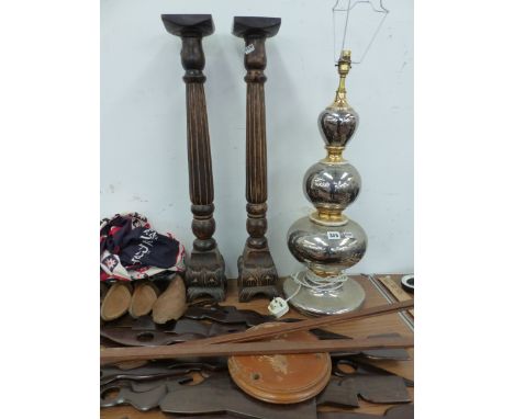 A SILVER CERAMIC TREBLE GOURD TABLE LAMP, TWO FOLDING RULES, SHOE TREES, A BRASS WALL BRACKET AND ETHNIC HARDWOOD PANELS