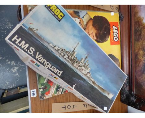 A FROG SCALE MODEL KIT OF HMS VANGUARD TOGETHER WITH A LEGO KIT BOARD