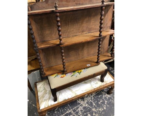 A VICTORIAN THREE TIER WALL SHELF AND TWO STOOLS. 