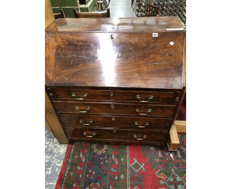 A LATE GEORGIAN MAHOGANY BUREAU WITH FITTED INTERIOR ON BRACKET FEET. W 92 X D 52 X H 103cms. 