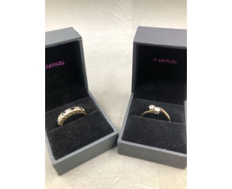 A 9ct GOLD HALLMARKED TWO STONE DIAMOND TWIST RING, TOGETHER WITH A 9ct GOLD HALLMARKED SAPPHIRE AND DIAMOND HALF ETERNITY RI