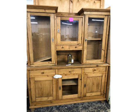 A VINTAGE PINE GLAZED TOP KITCHEN DRESSER. W 172 X D 48 X H 207cms. 