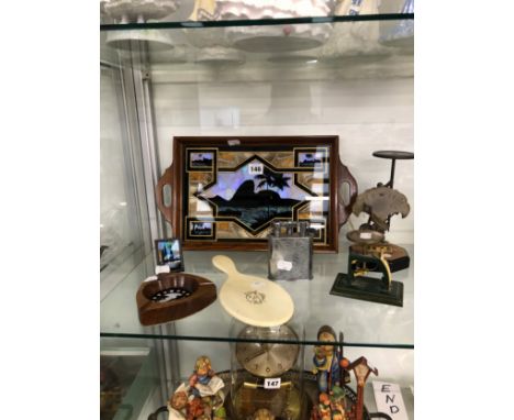 A COPPER AND TWO OTHER KETTLES, TWO LETTER SCALES, A DUNHILL LIGHTER, THREE MORPH BUTTERFLY DECORATED WARES AND A HAND MIRROR