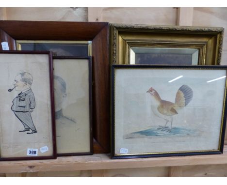 AN EARLY 20TH CENTURY FRENCH CARICATURE PORTRAIT SIGNED "XIM" 31 x 16cms TOGETHER WITH OTHER ANTIQUE PICTURES INCLUDING A PRI