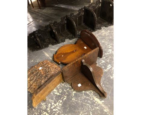 A 19th C. CARVED OAK FIVE TIER WALL SHELF AND VARIOUS WALL BRACKETS. 