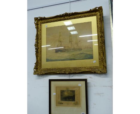 A LATE 19TH/20th C. ENGLISH SCHOOL SHIP PORTRAIT SIGNED INDISTINCTLY WATERCOLOUR IN A DECORATIVE GILT FRAME, TOGETHER WITH AN