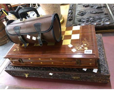 TWO VINTAGE CHESS BOARDS,AND  A PAIR OF BOWLING WOODS. 