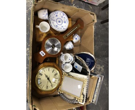 VARIOUS PHOTOGRAPH AND OTHER FRAMES, A CLOCK, AN ANEROID BAROMETER AND FURNIVAL DENMARK PATTERN COFFEE WARES