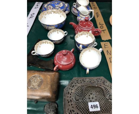 A HARDWOOD MILITARY CARVED CIGARETTE BOX, SPODE CHINA AND METAL WARES ETC.