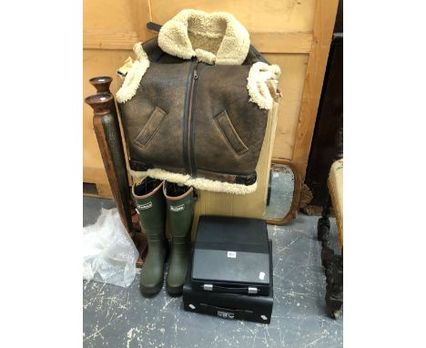 TWO VINTAGE TYPE WRITERS, A WALL MIRROR, A CAMP BED,A PAIR OF BARBOUR WELLINGTON BOOTS, A PAIR OF CANDLE STANDS AND A FUR LIN
