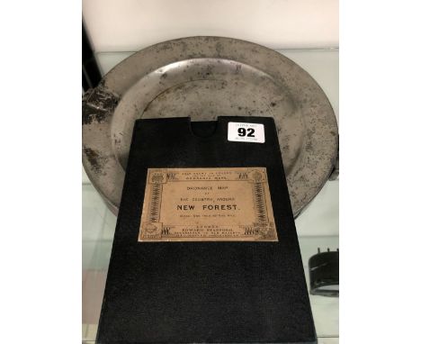 A VINTAGE OS MAP, NEW FOREST AND A PEWTER PLATE. 