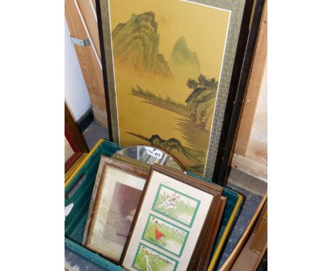 A VINTAGE CIRCULAR MIRROR TOGETHER WITH VARIOUS DECORATIVE PICTURES INCLUDING TWO ORIENTAL LANDSCAPES 