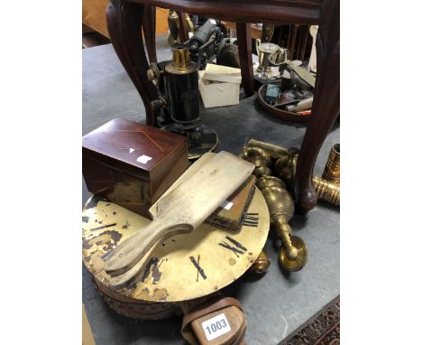 A MICROSCOPE, CLOCK WEIGHTS, A TEA CADDY ETC.