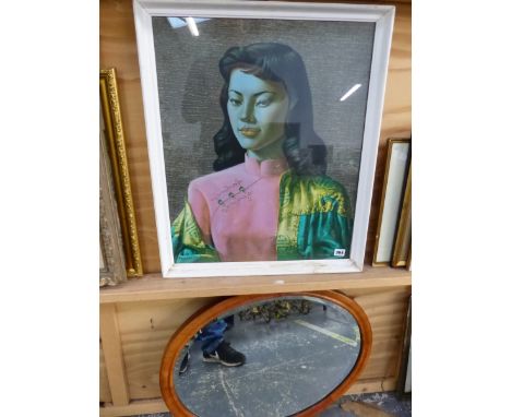 AFTER TRETCHIKOFF, A VINTAGE COLOUR PICTURE OF AN ORIENTAL BEAUTY 61 x 50cms TOGETHER WITH A VICTORIAN WALNUT OVAL BEVEL MIRR