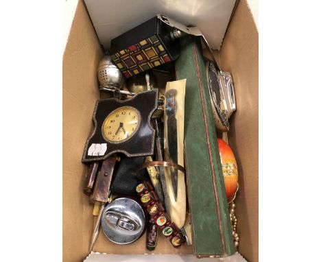 A VINTAGE SWISS TORTOISE SHELL DRESSING TABLE CLOCK, A RETRO TABLE LIGHTER, POCKET LIGHTERS, A GEORGIAN TORTOISE SHELL BOX ET