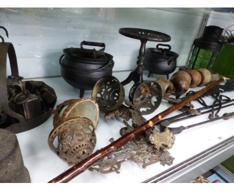 VARIOUS WEIGHTS, IRON WALL BRACKETS FOR OIL LAMPS, A THUMB STICK, FIRE IRONS, TWO CAULDRONS, A LANTERN, ETC.