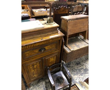 A VINTAGE OAK AND MARBLE CHEESE CUTTER, CHILDS CHAIR, A BOX STOOL AND A PAINTED SIDE CABINET. 