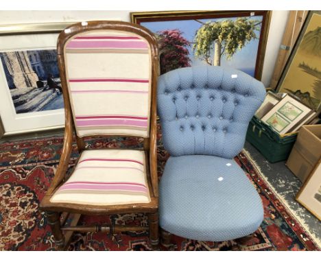 A VICTORIAN BUTTON BACK NURSING CHAIR AND AN ANTIQUE ROCKING CHAIR.