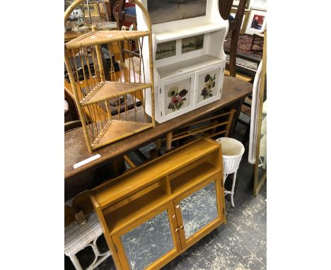 A QUANTITY OF RATTAN CONSERVATORY STANDS, A MODERN OAK WALL CABINET, AN EDWARDINAN PAINTED CABINET, OAK SHELF ETC. 