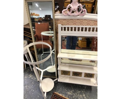 A LATE VICTORIAN PAINTED MIRROR BACK HALL SHELF, A WROUGHT IRON WASH STAND, A MIRROR AND A HEAD BOARD. 