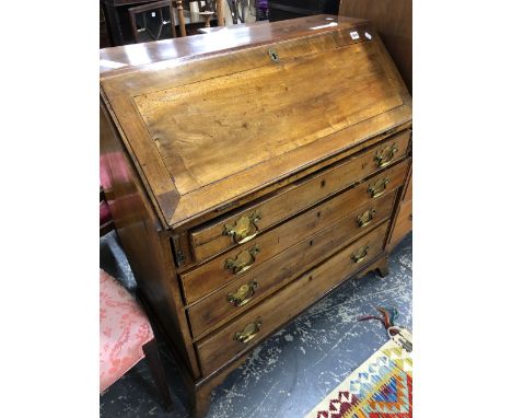 A GEORGE III WALNUT AND INLAID BUREAU ON BRACKET FEET. W 94 X D 48 X H 103cms. 