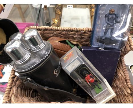 A CASED DECANTER SET, A VINTAGE TRAVEL IRON, A DR WHO FIGURE, ETC.