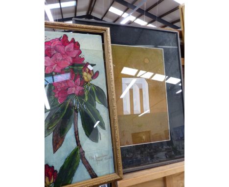 ANNE MAY 20th CENTURY RHODODENDRON SIGNED OIL ON BOARD 63 x 30cms, TOGETHER WITH A ABSTRACT ARCHITECTURAL WORK ADIERITED TO E