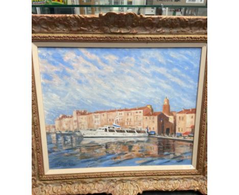 MELLOR. PORTRAIT OF THE MOTOR YACHT 'RAMPAGER', MOORED IN SAINT TROPEZ. OIL ON CANVAS. SIGNED AND DATED 1992. 41 x 52cms.
