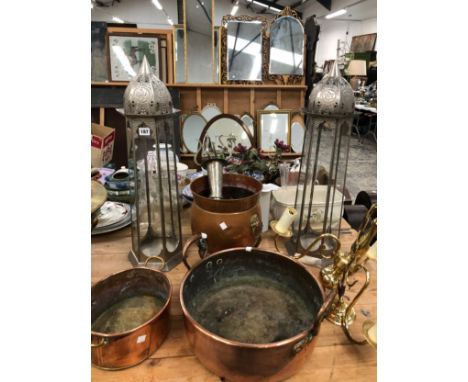 VARIOUS PLANTERS, A COPPER JAM AND A FISH PAN, BRASS 3-LIGHT CHANDELIER, ETC.