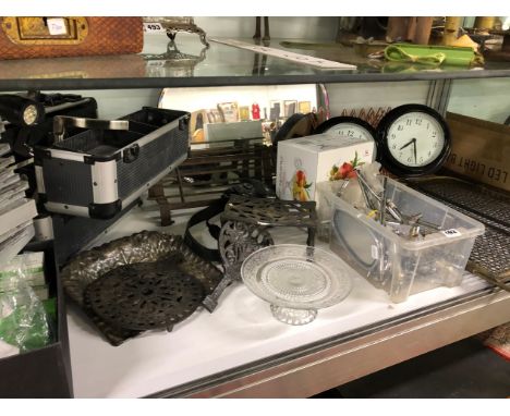 A FIREGUARD, CLOCKS, STANDS, COPPER LADLE, A LUMIX CAMERA, ETC. 