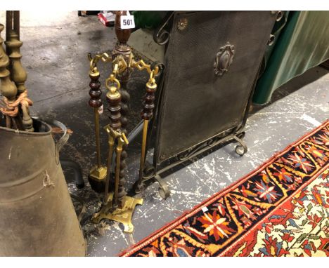 A COAL SCUTTLE, FIRE TOOLS ETC.