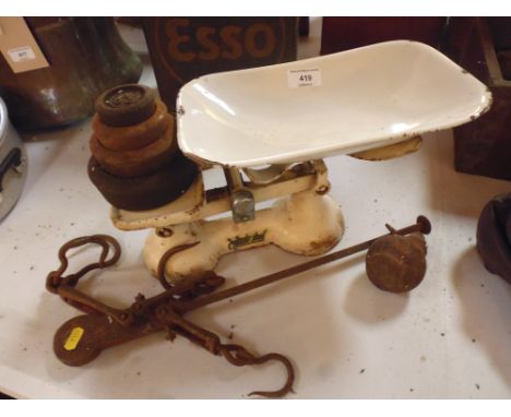 A set of Queen enamel kitchen scales and weights and a small set of balance scales