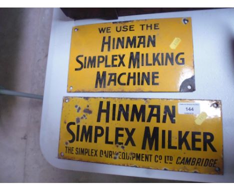 Two Hinham Simplex milking machine enamel signs 