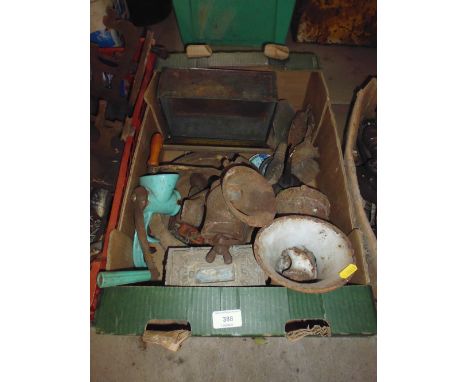 Five boxes of miscellaneous tools; oil cans; old bells etc.