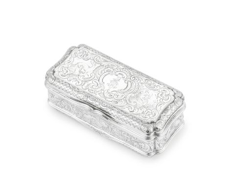 A Victorian silver snuff boxCharles Rawlings and William Summers, London 1849 Elongated cartouche form, engraved with hounds 