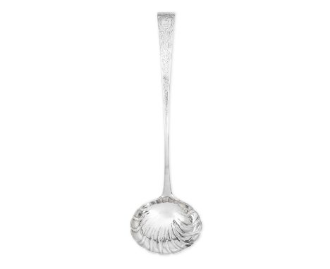 A George III Irish silver hook end soup ladlebottom marked, David T Peter, Dublin 1765 The shell bowl with chased acathus lea