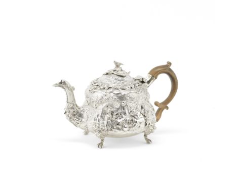 A George IV silver 'Teniers' teapotEdward Farrell, London 1821 Of squat baluster form, the finial in the form of a bird on a 