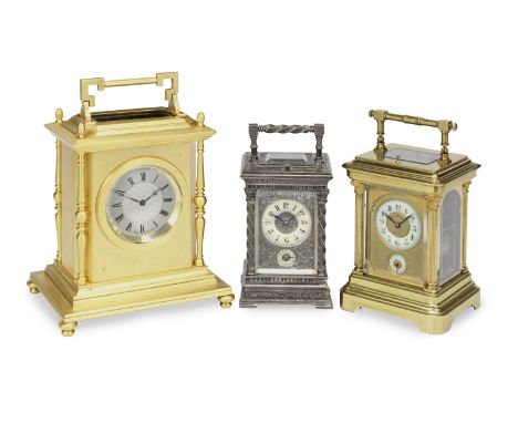 A rare late 19th century French gilt brass three gong grande / petite sonnerie chiming and quarter repeating carriage clock w