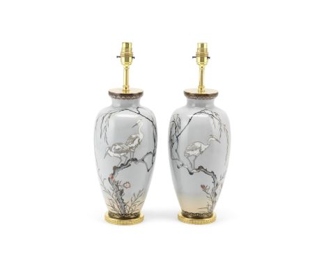A pair of celadon ground cloisonne vases later adapted as lamp basesprobably late 19th / early 20th centurythe bodies decorat